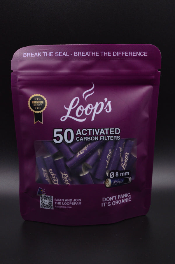 Loops 8mm activated carbon filters, 50 pack pouch (front)