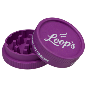 Loops Premium Herb Grinder Purple Edition, open, showing the teeth