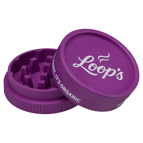 Loops Premium Herb Grinder Purple Edition, open, showing the teeth